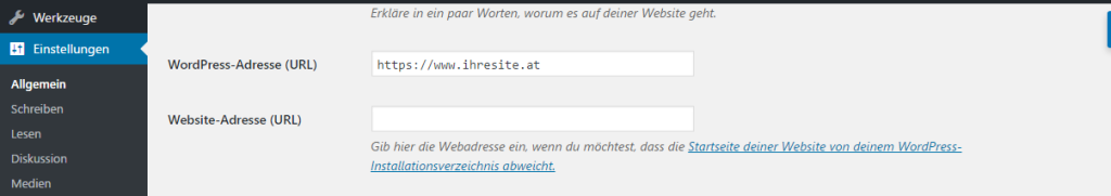 einstellung wp url